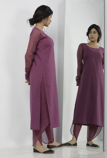 Round Neck Cotton and Kota Sleeves Plain Kurta
